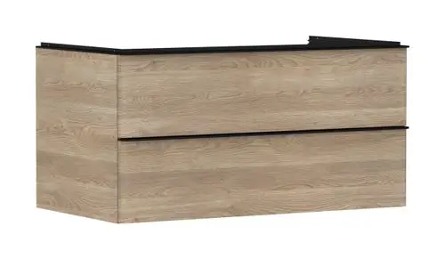 Waschtischunterschrank in Holzoptik mit zwei Schubkästen. Schwarz abgesetzte Oberkante. Passt zu Hansgrohe Waschtischsystemen.